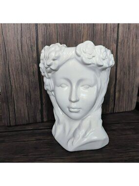 White Ceramic Goddess Bust Lady Head Vase Planter 8", Grecian Female Flower Pot